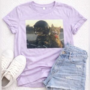 Funny Cat Graphic Tee Purple Cute Kittens Motorcycle Meme Shirt XL